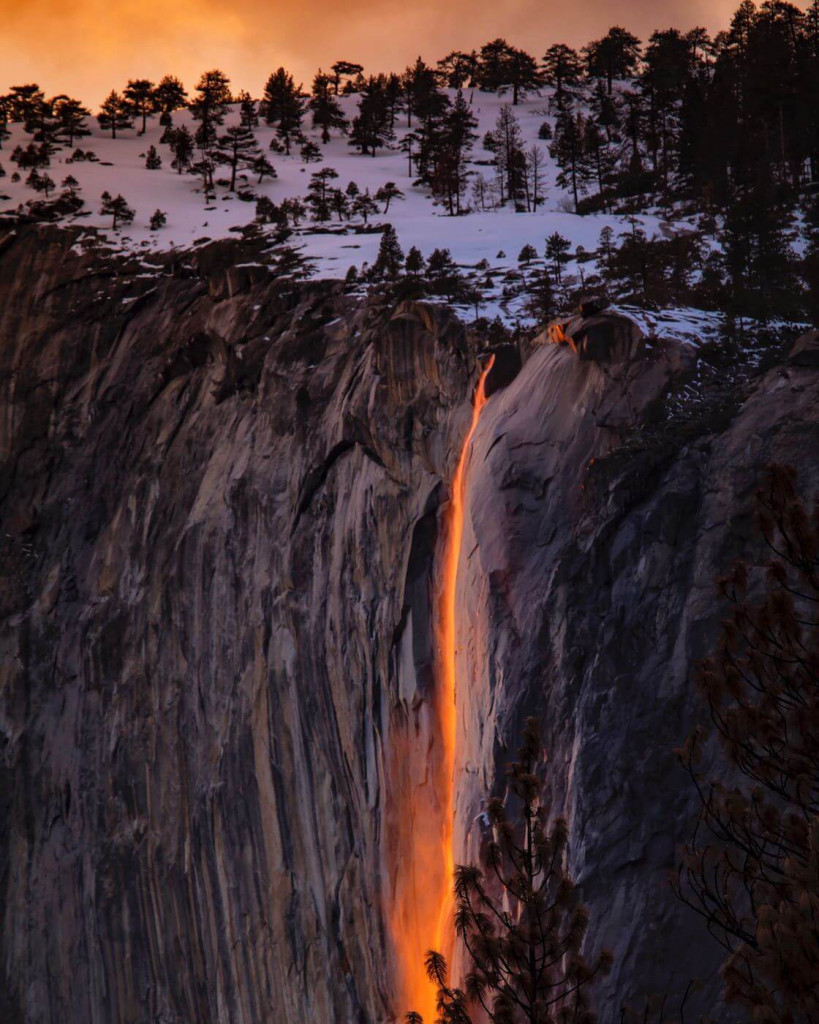 Nicely lit waterfall in the sunset that seems like lava